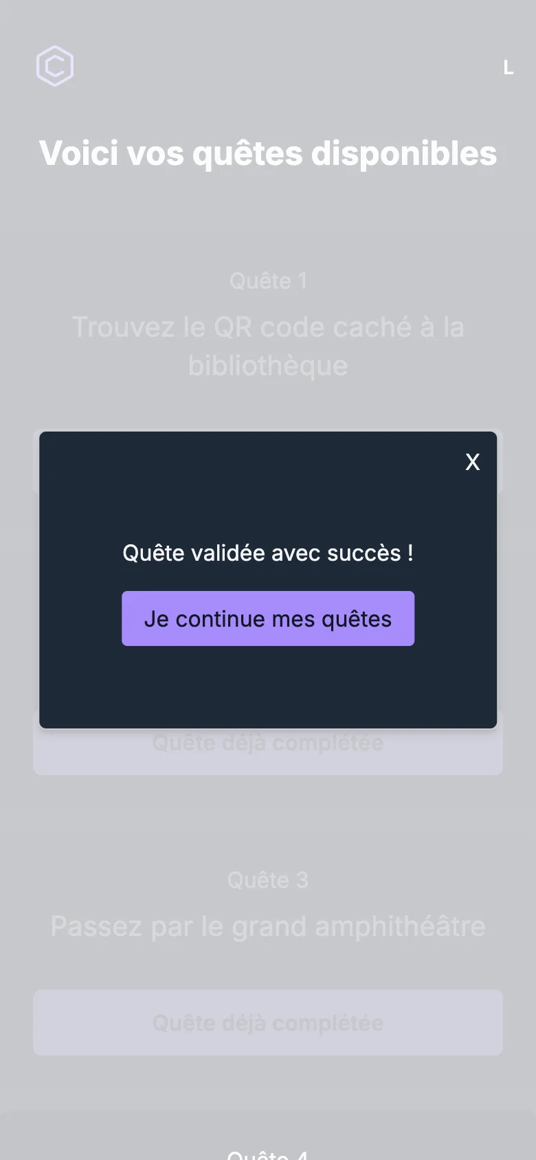 Écran de CampusQuest : fenêtre « Quête validée avec succès ! » après le scan