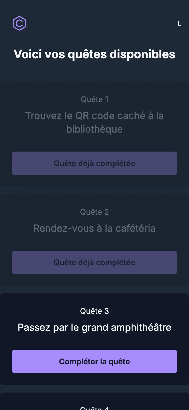 Écran de CampusQuest : liste des quêtes disponibles, les deux premières déjà complétées
