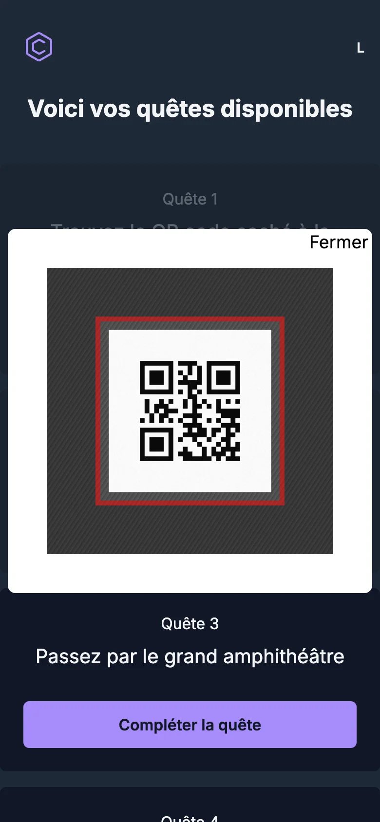 Écran de CampusQuest : lecteur de QR code ouvert sur la caméra, un QR code dans le cadre