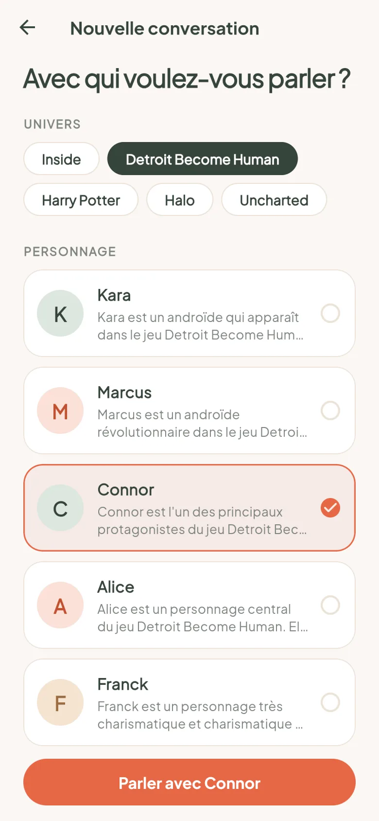 Écran de ChatRP : choix d'un univers et d'un personnage, Connor sélectionné dans Detroit Become Human