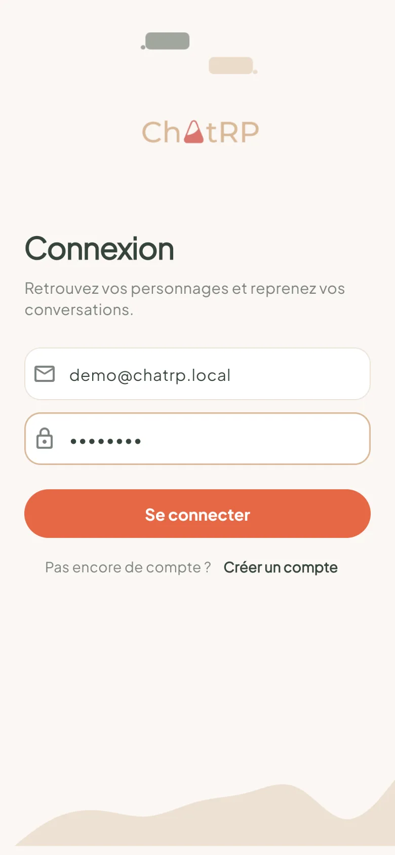 Écran de connexion de ChatRP avec le logo de l'application