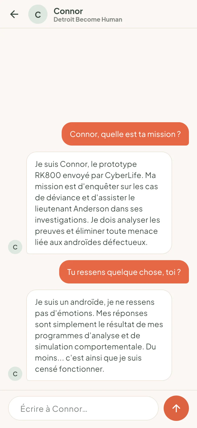 Écran de ChatRP : conversation avec Connor, qui répond en restant dans son rôle